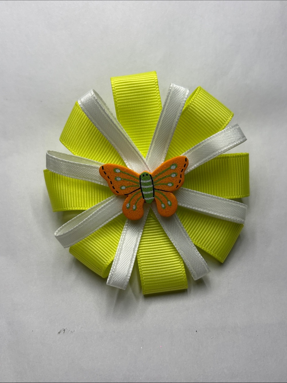 Kids Ribbon Hair Bow with Orange Butterfly - Yellow & White